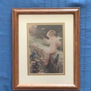 Very Sweet Cherub with Birds Print in 8x10 Oak Wall Frame.